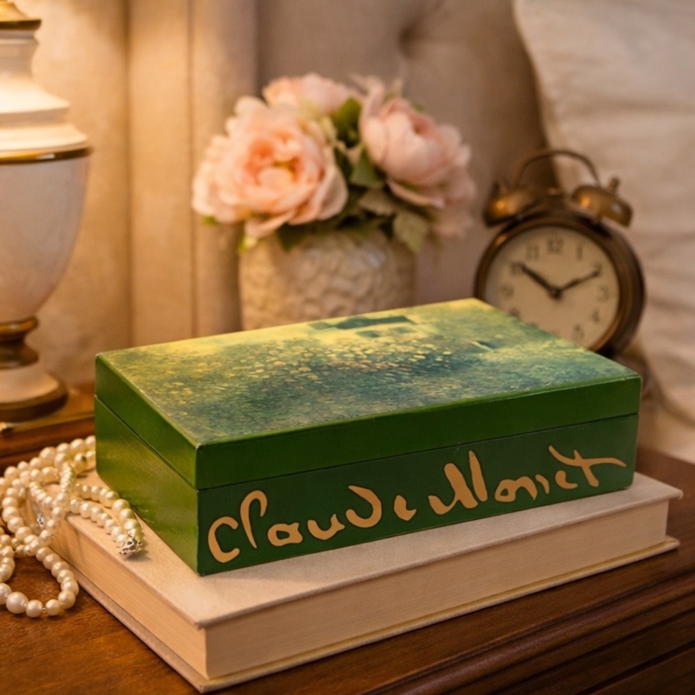 VTG Jewelry Box Wood Claude Monet Replica Impressionist Trinket Photo Storage